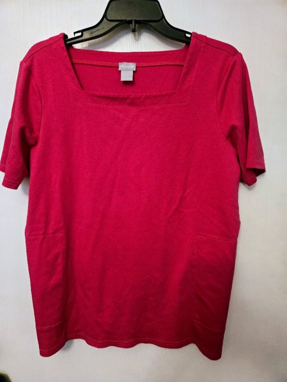Chico's pink S/S top with square‎ neck and pockets Size 2P/LP